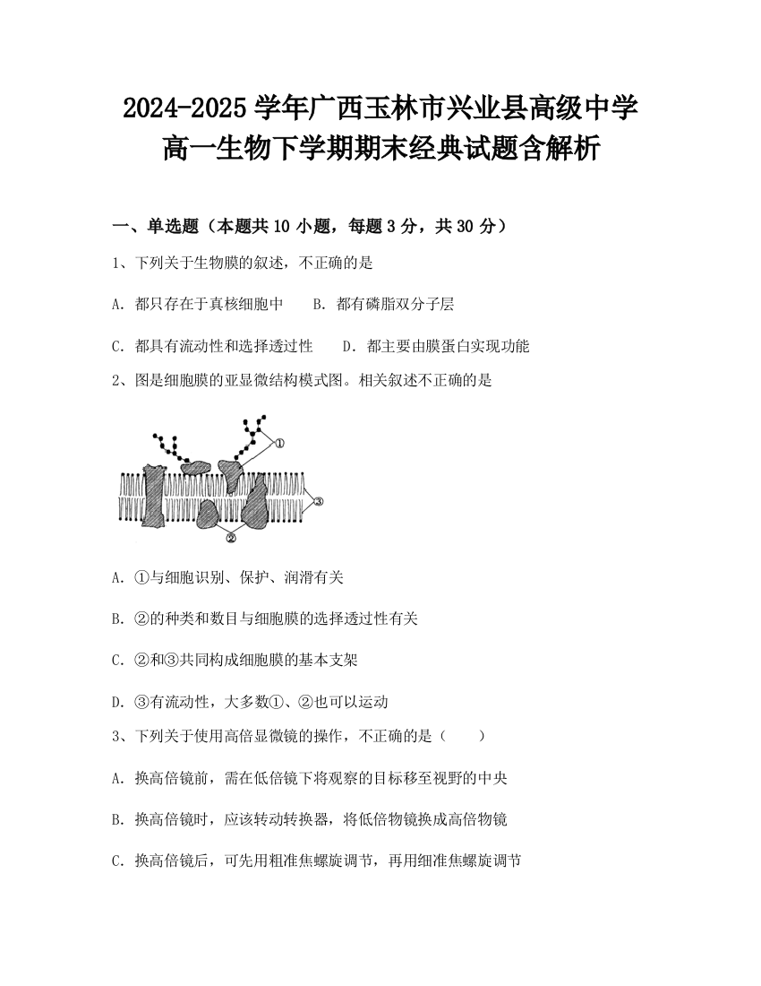 2024-2025学年广西玉林市兴业县高级中学高一生物下学期期末经典试题含解析