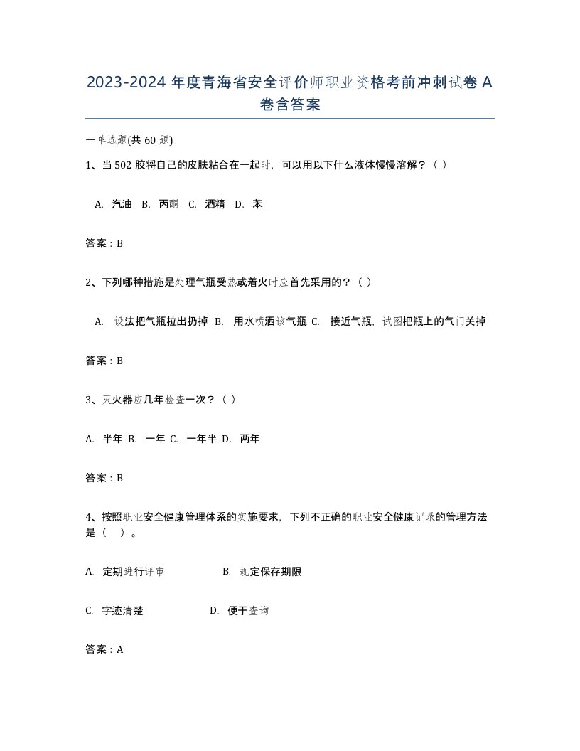 2023-2024年度青海省安全评价师职业资格考前冲刺试卷A卷含答案