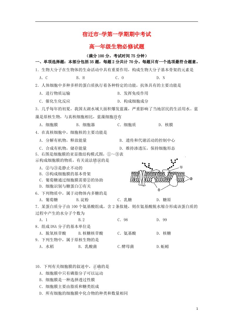 江苏省宿迁市高一生物上学期期中考试试题（必修）（无答案）苏教版