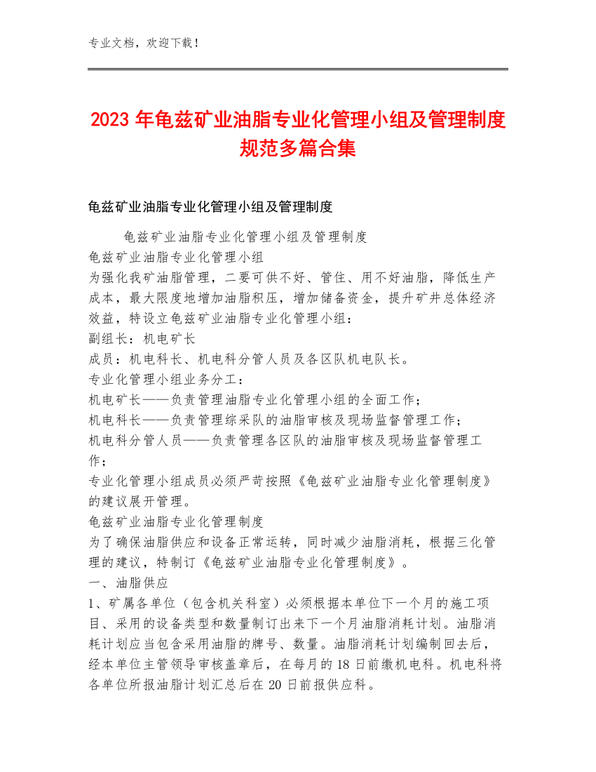 2023年龟兹矿业油脂专业化管理小组及管理制度规范多篇合集