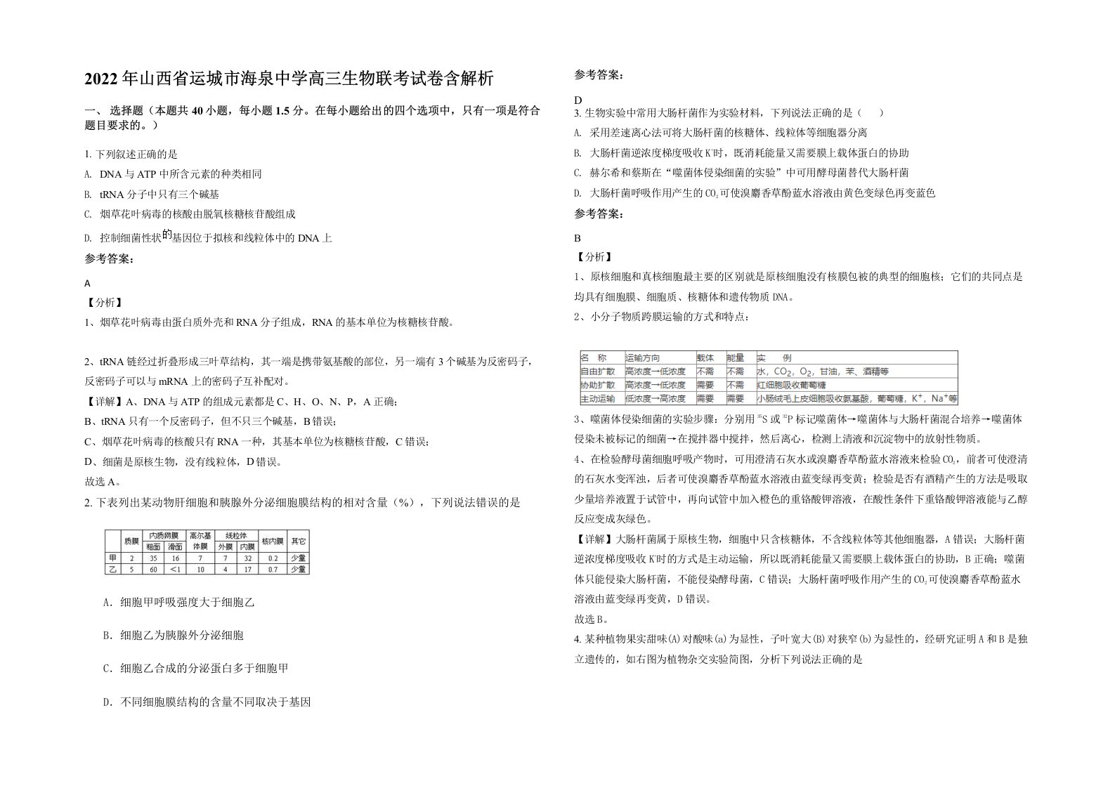 2022年山西省运城市海泉中学高三生物联考试卷含解析