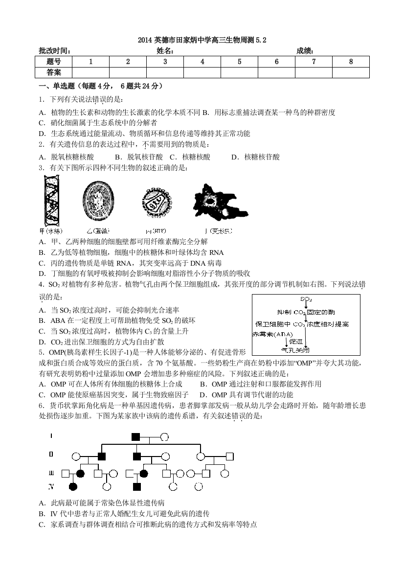 生物周测打印版