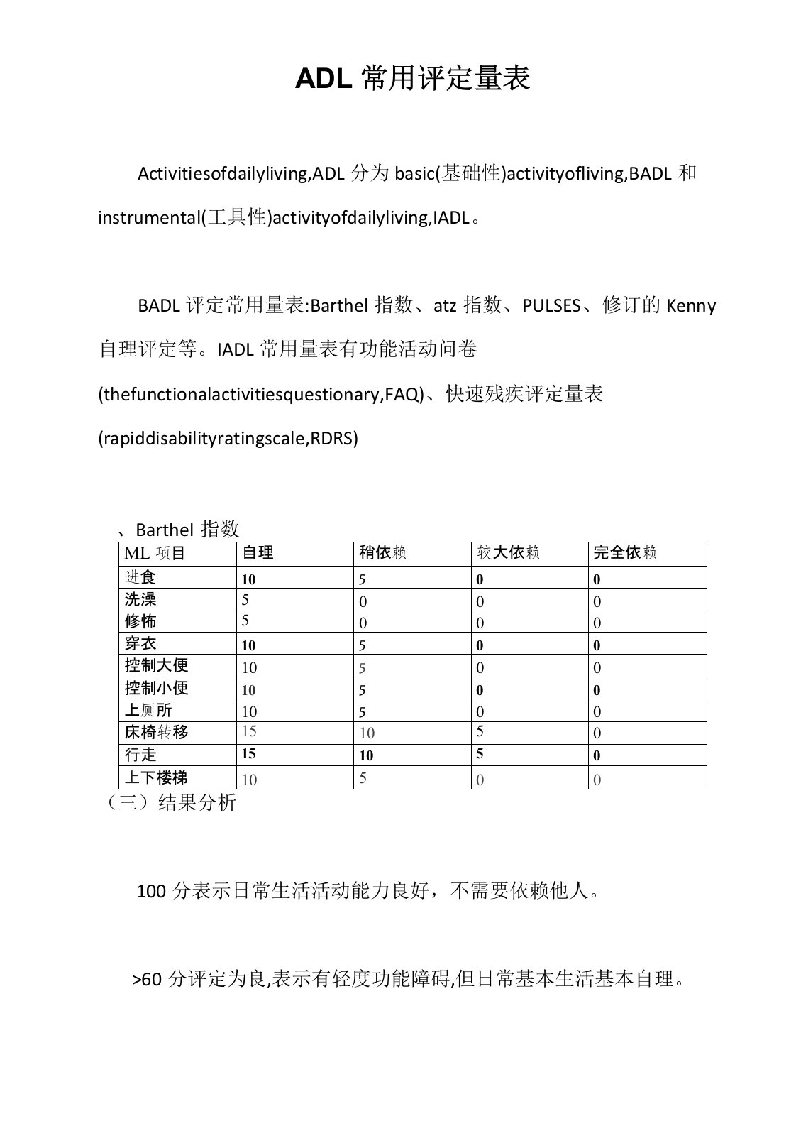 ADL常用评定量表【最新版】