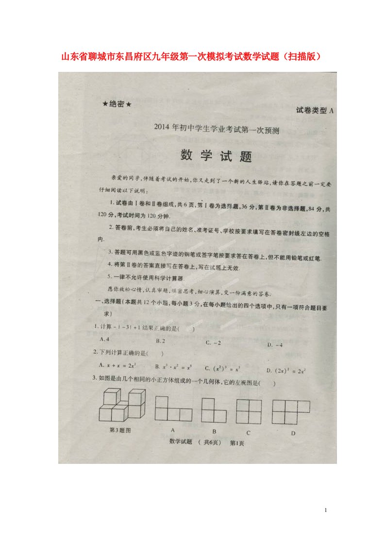 山东省聊城市东昌府区九级数学第一次模拟考试试题（扫描版）