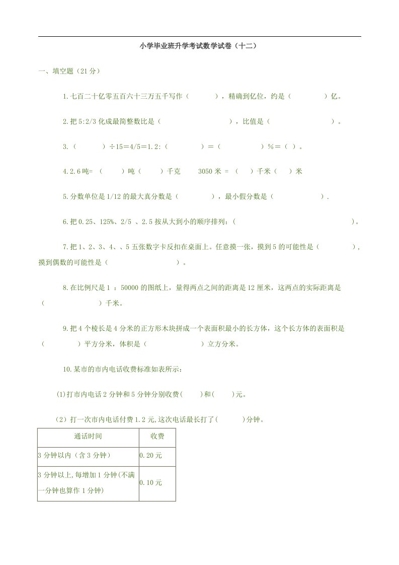 小学毕业班升学考试数学试卷（1）