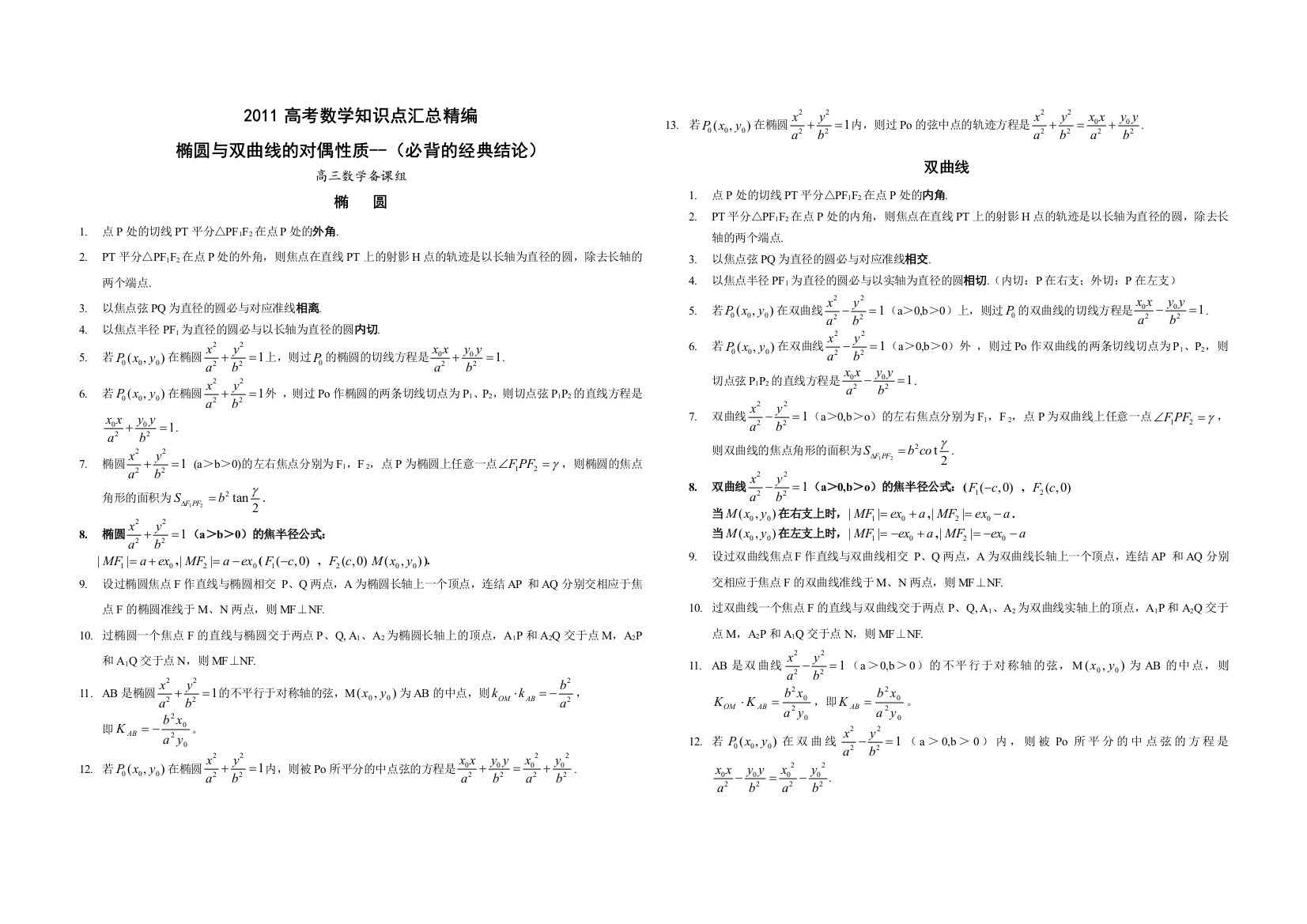 2011高考数学知识点汇总精编——椭圆与双曲线高考生必备1