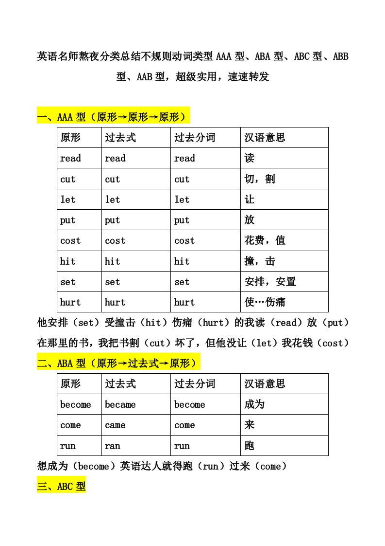 英语名师熬夜分类总结不规则动词类型AAA型、ABA型、ABC型、ABB型、AAB型，超级实用，速速转发