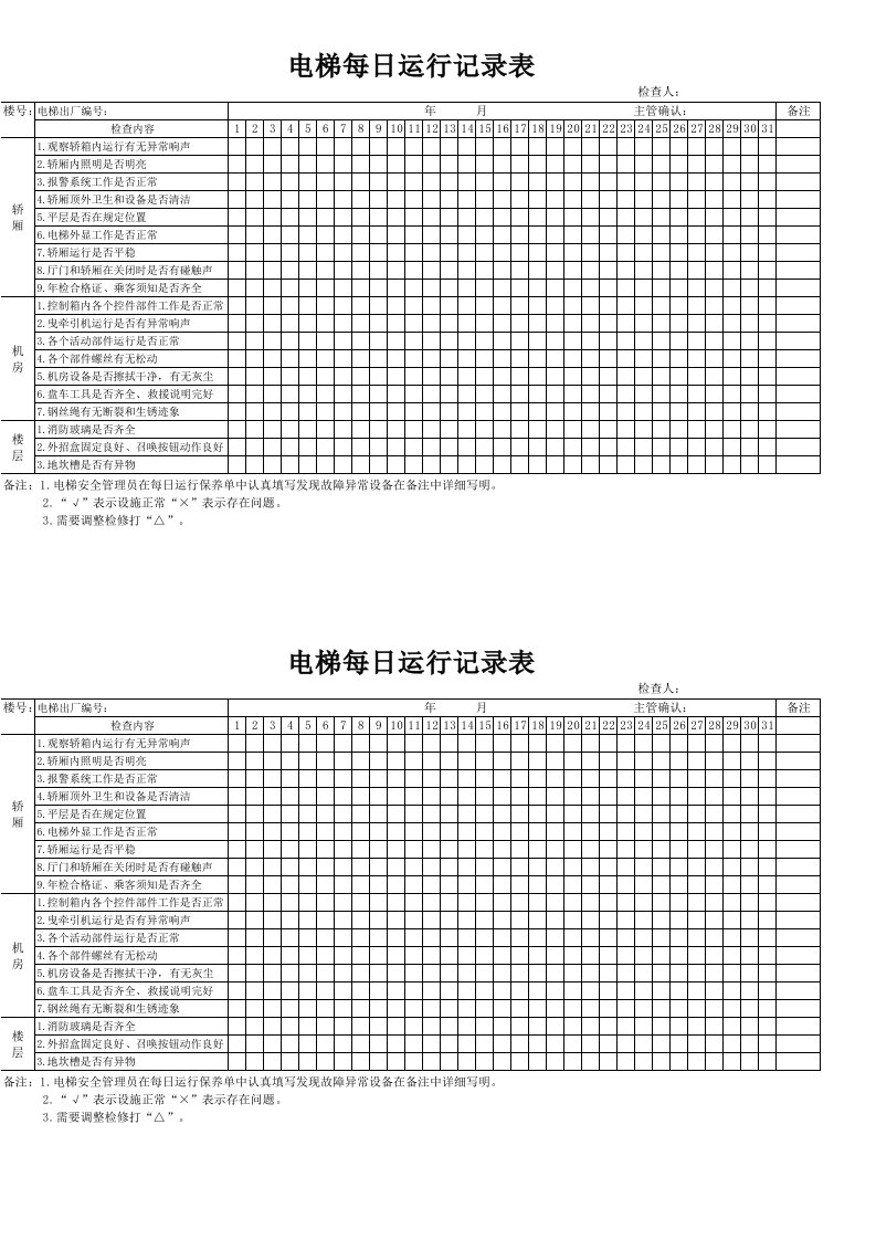 电梯每日运行记录表