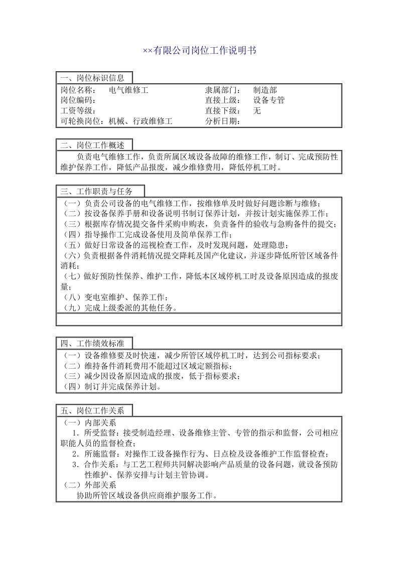 电气维修工的工作职责