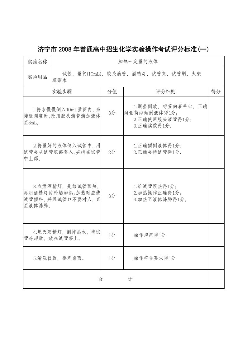 济宁市普通高中招生化学实验操作考试评分标准(一)