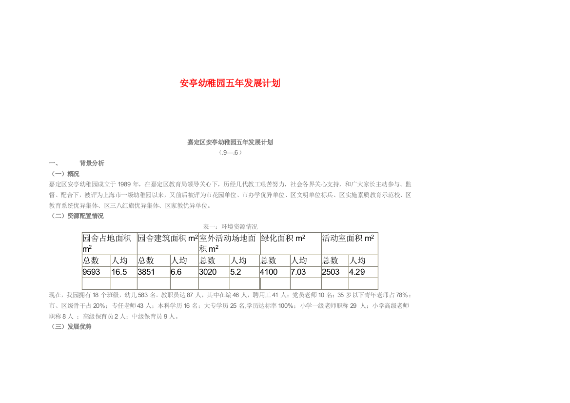 安亭幼儿园五年发展综合规划