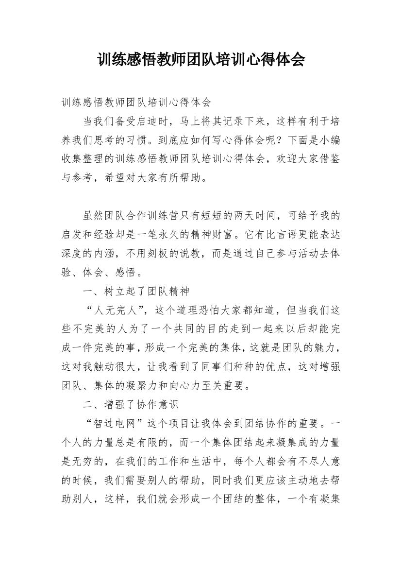 训练感悟教师团队培训心得体会