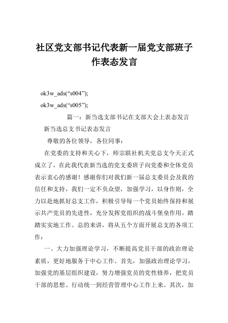 社区党支部书记代表新一届党支部班子作表态发言