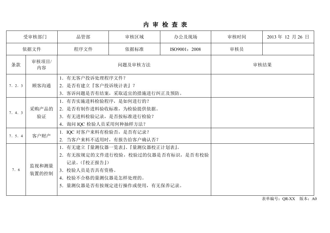 iso9001：2008内部审核检查表.