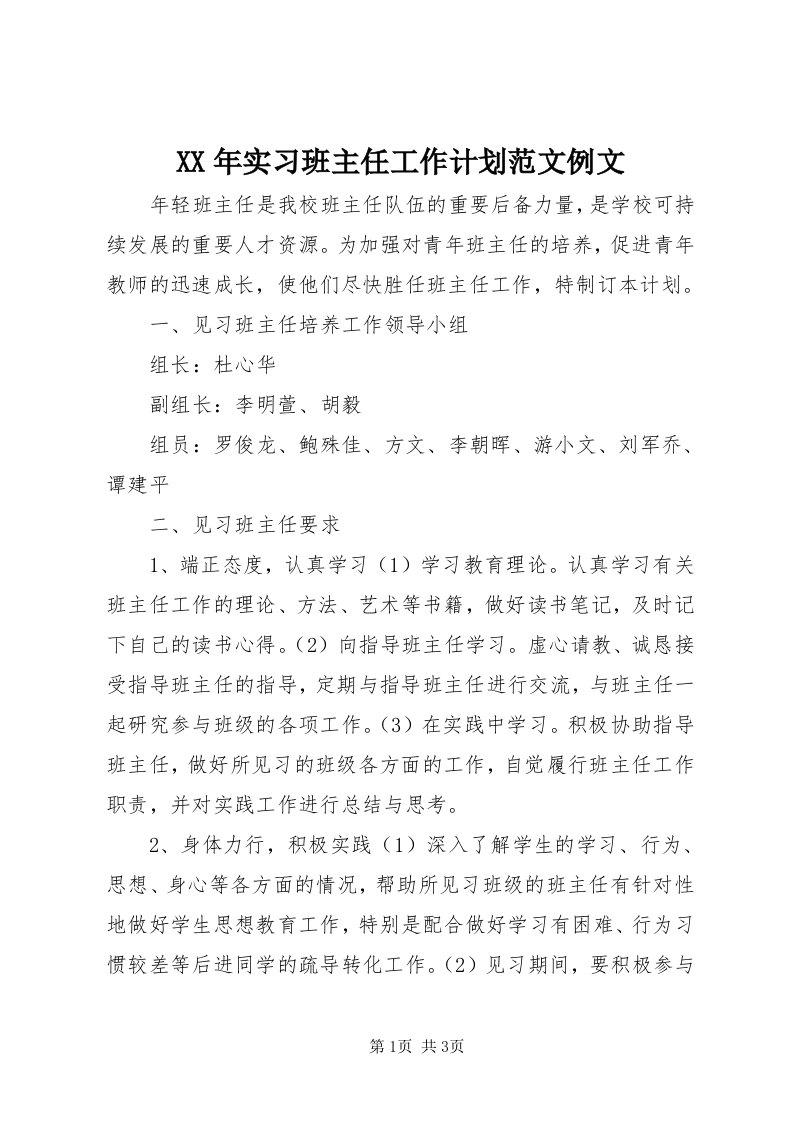 4某年实习班主任工作计划范文例文