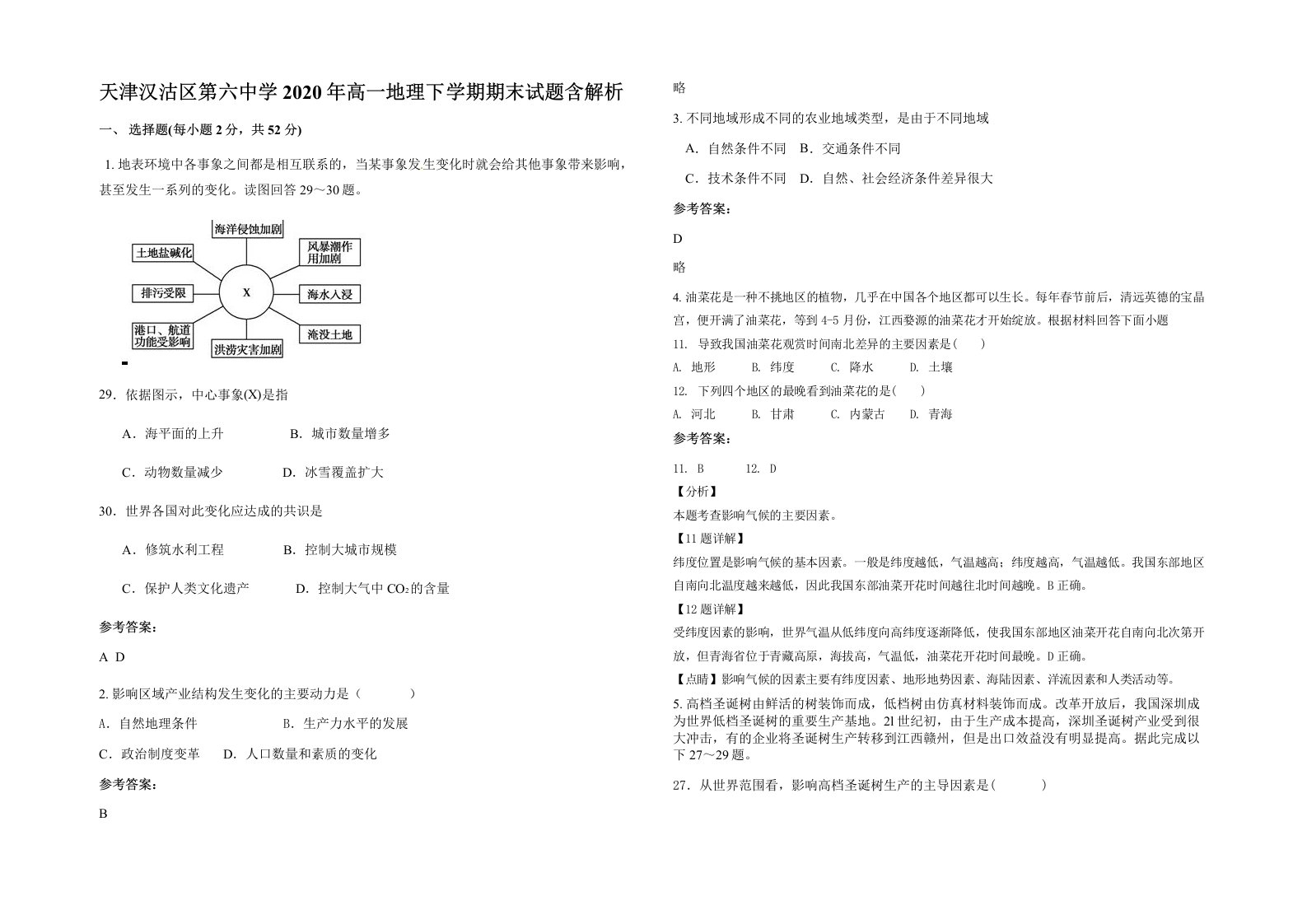 天津汉沽区第六中学2020年高一地理下学期期末试题含解析