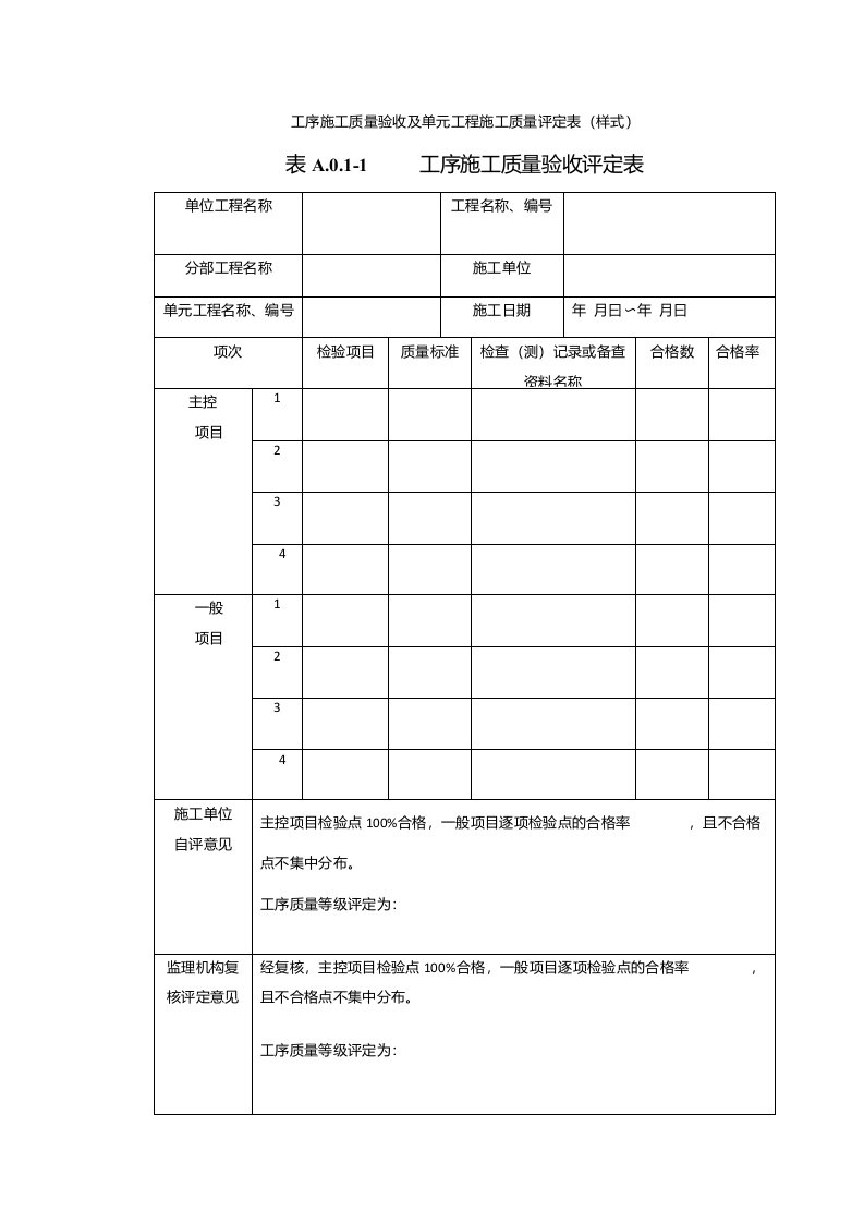 水利水电工程工序施工质量验收及单元工程施工质量评定表