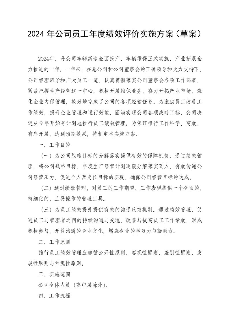 公司员工年度绩效评价实施方案