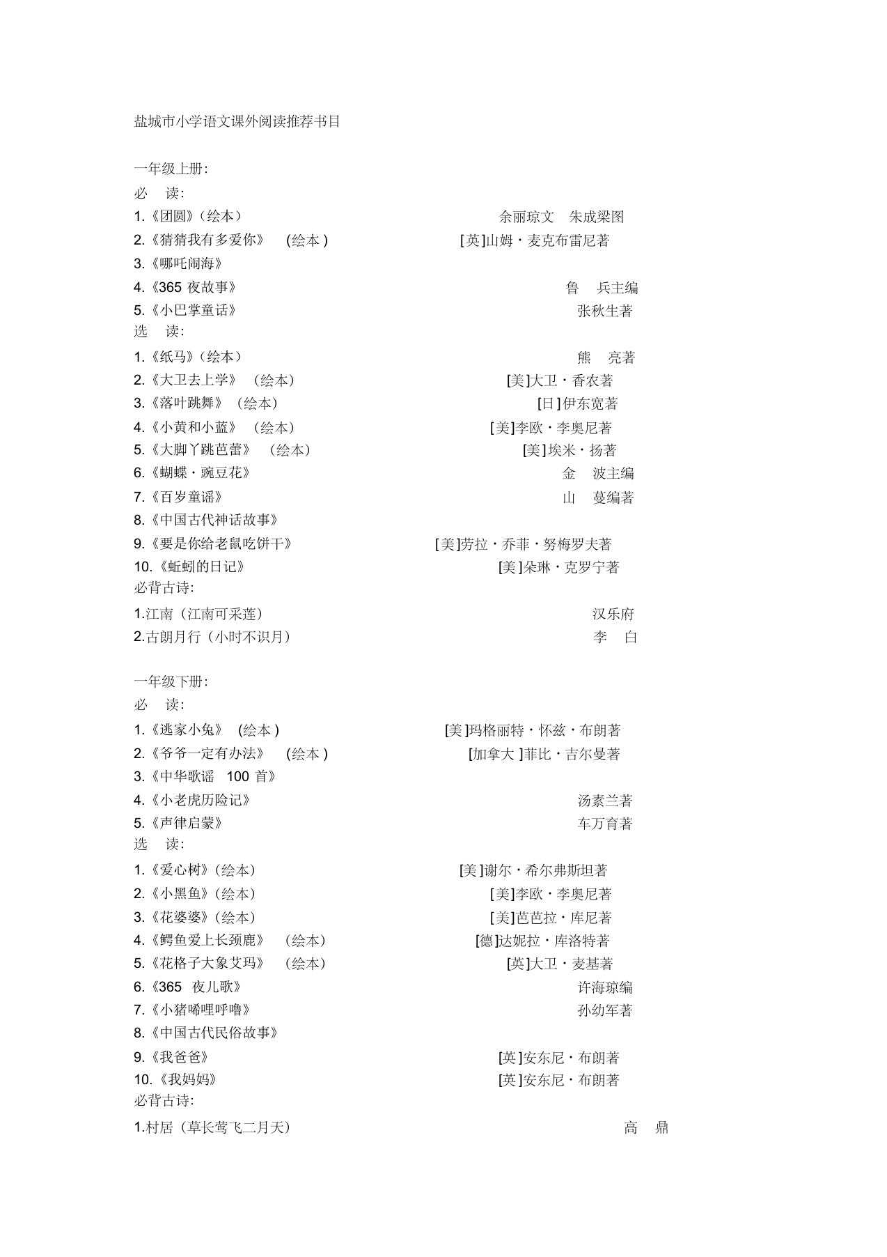 盐城市小学语文课外阅读推荐书目2015