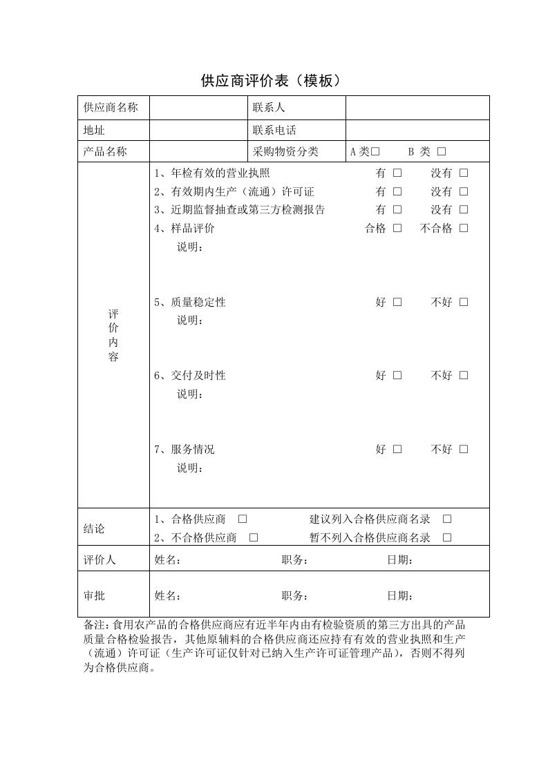 供应商评价表(模板)