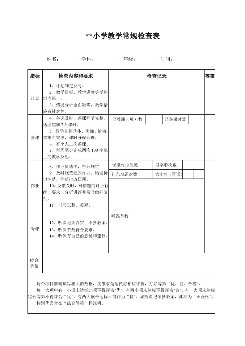 小学教学常规检查表