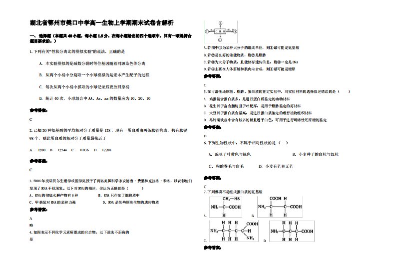 湖北省鄂州市樊口中学高一生物上学期期末试卷含解析