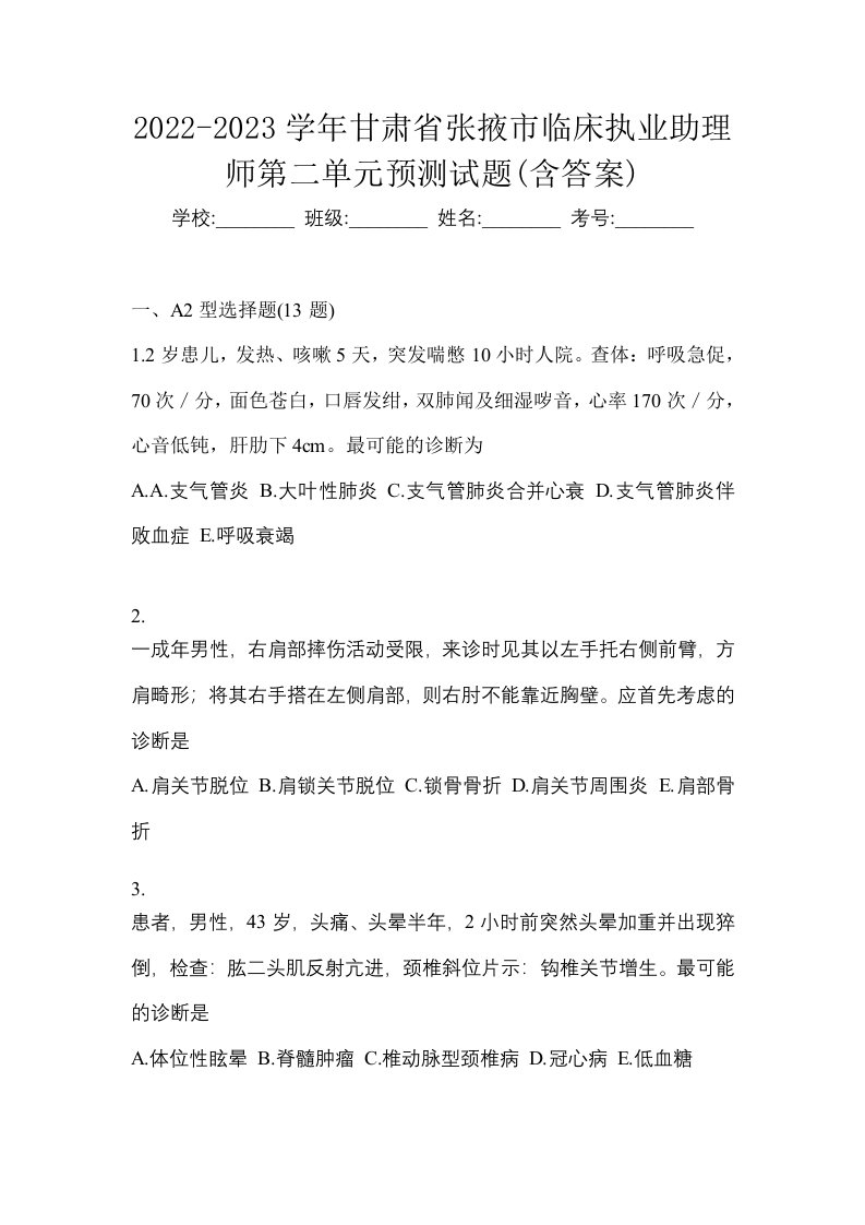 2022-2023学年甘肃省张掖市临床执业助理师第二单元预测试题含答案