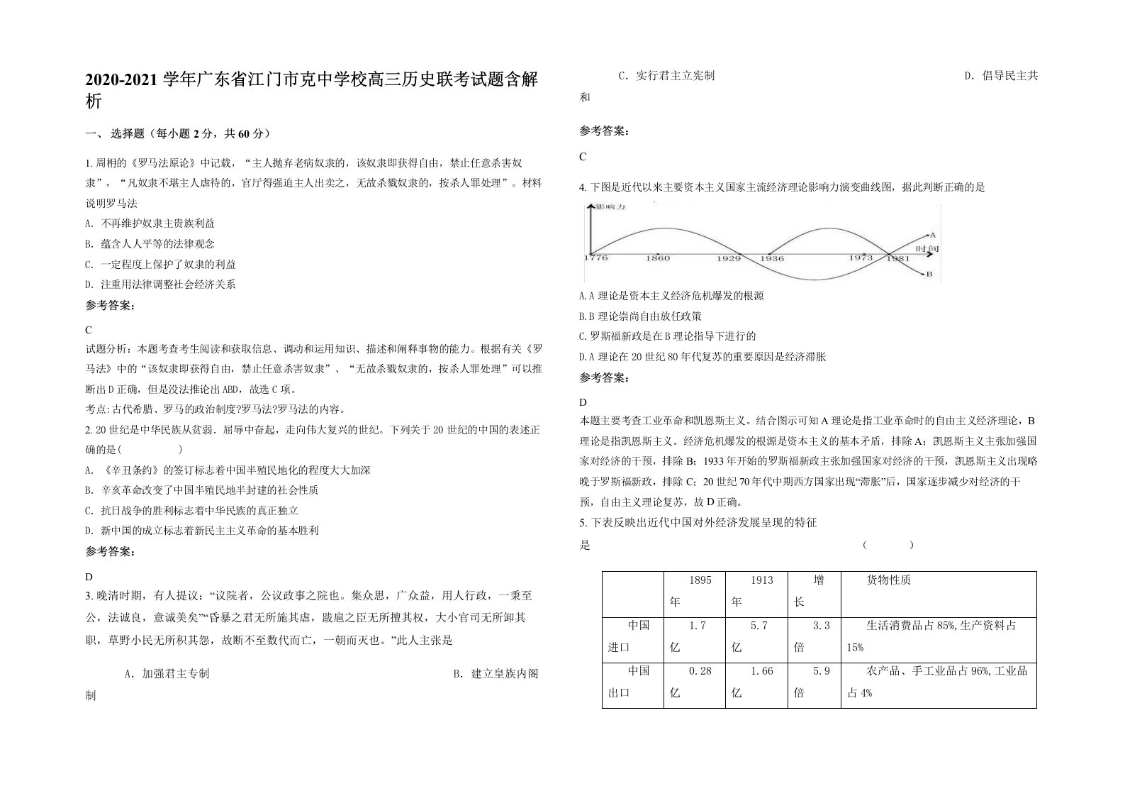 2020-2021学年广东省江门市克中学校高三历史联考试题含解析