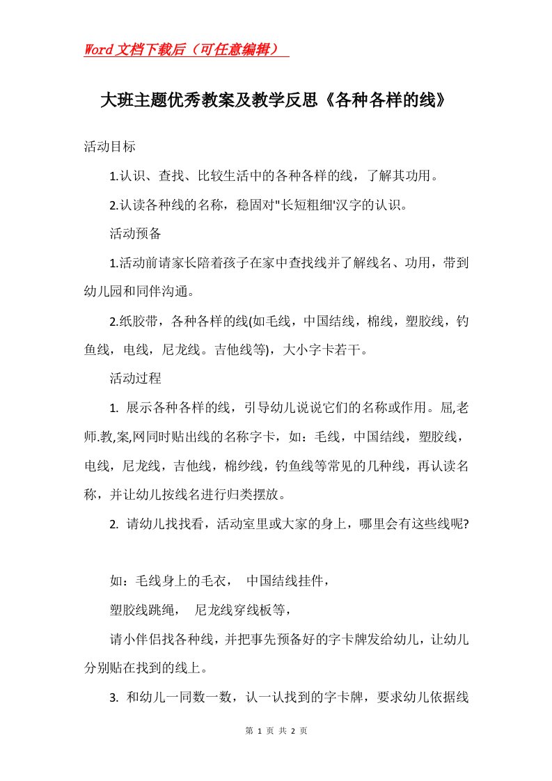 大班主题优秀教案及教学反思各种各样的线