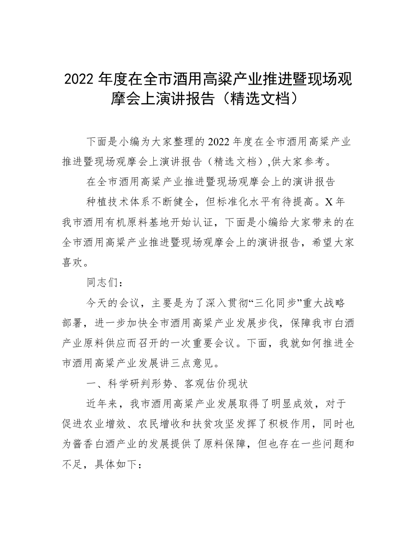 2022年度在全市酒用高粱产业推进暨现场观摩会上演讲报告（精选文档）