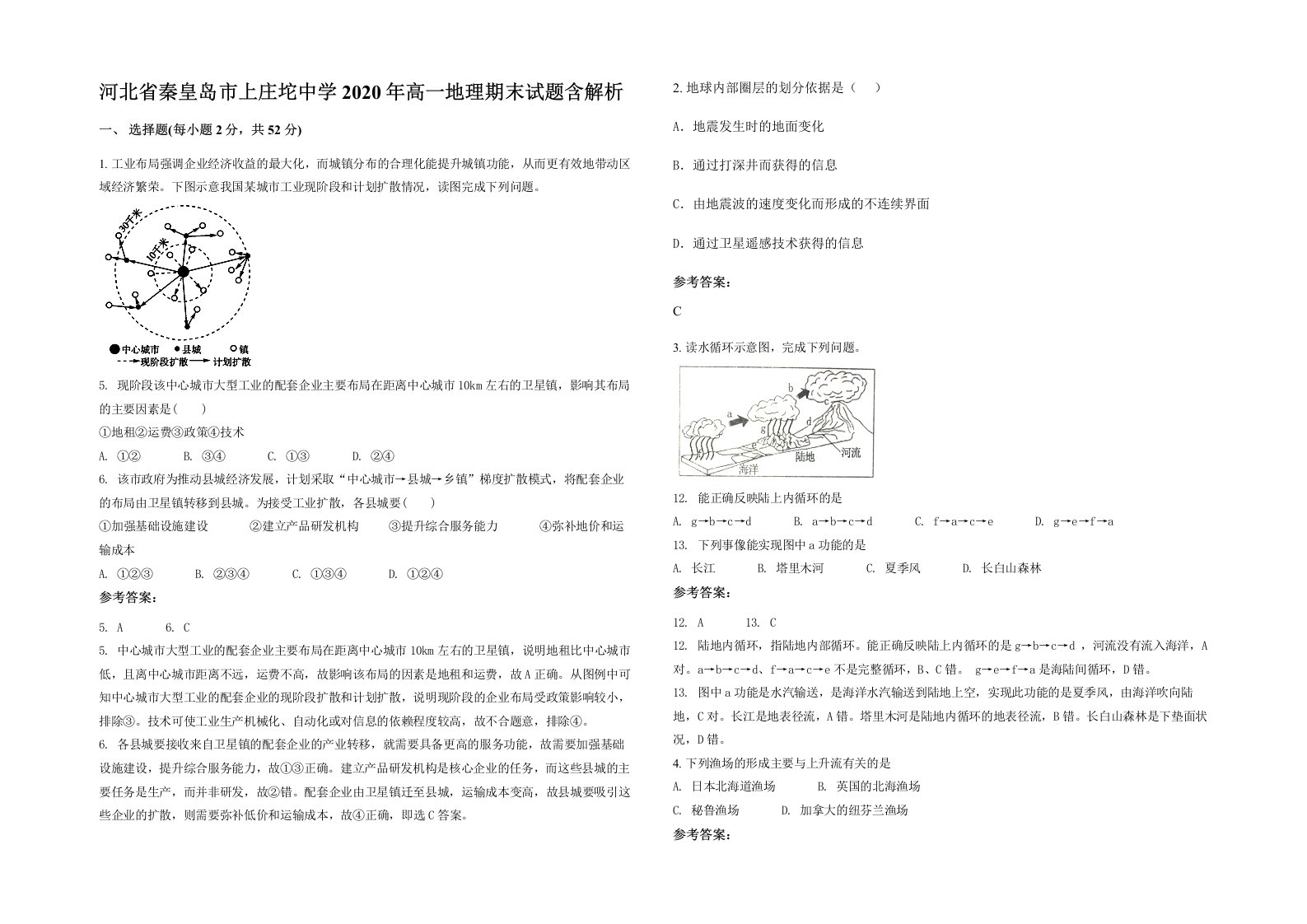 河北省秦皇岛市上庄坨中学2020年高一地理期末试题含解析