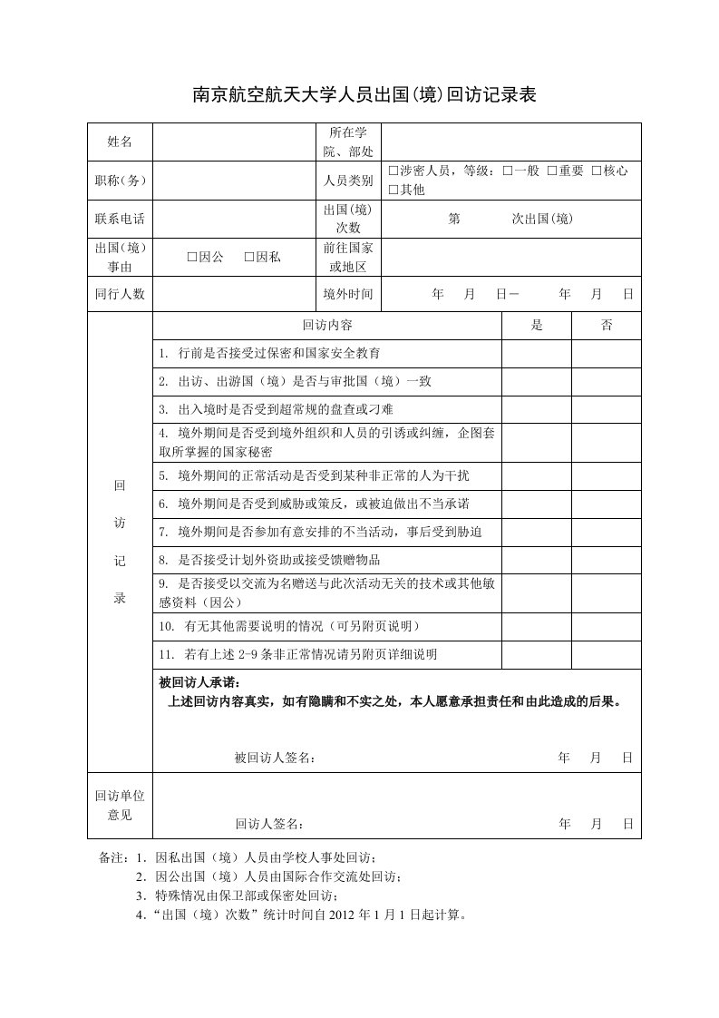 南京航空航天大学人员出国（境）回访记录表