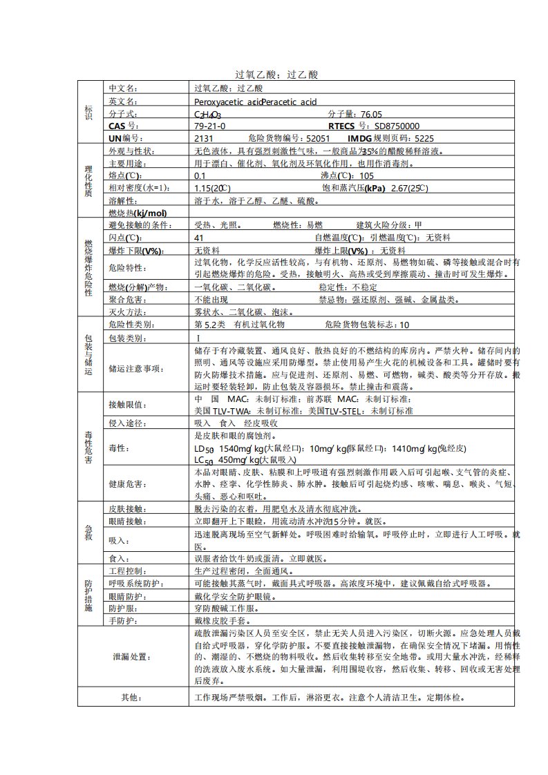 过氧乙酸过乙酸化学品安全技术说明书MSDS