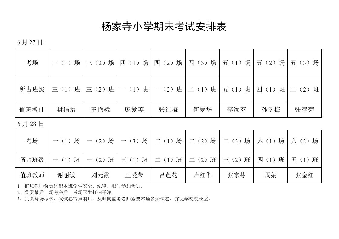 杨家寺小学期末考试教师安排表