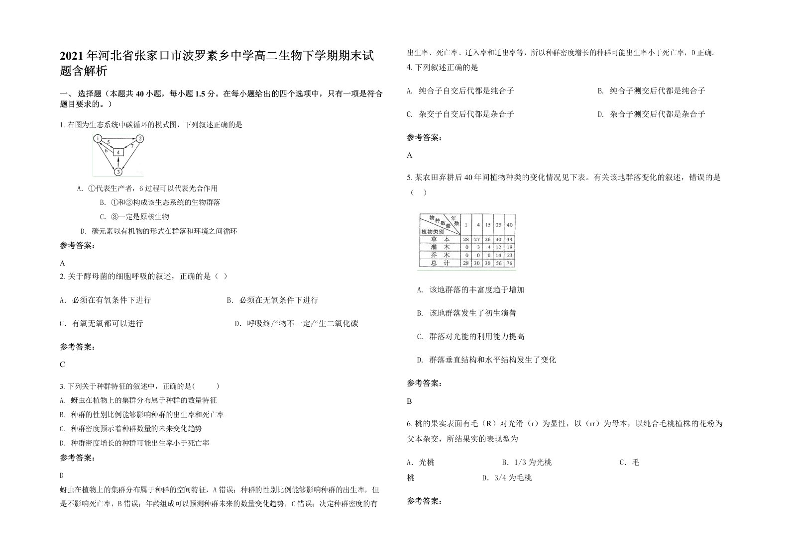 2021年河北省张家口市波罗素乡中学高二生物下学期期末试题含解析