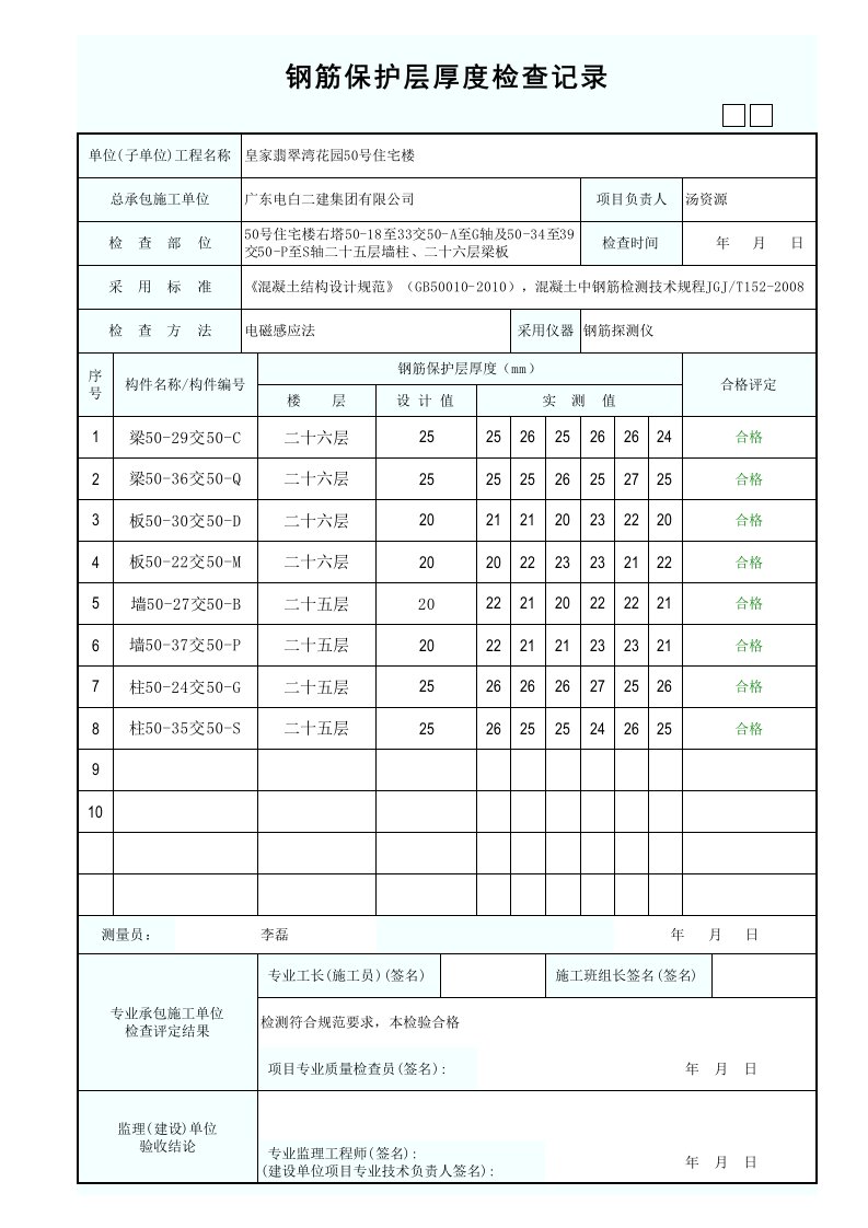 钢筋保护层厚度检查记录表