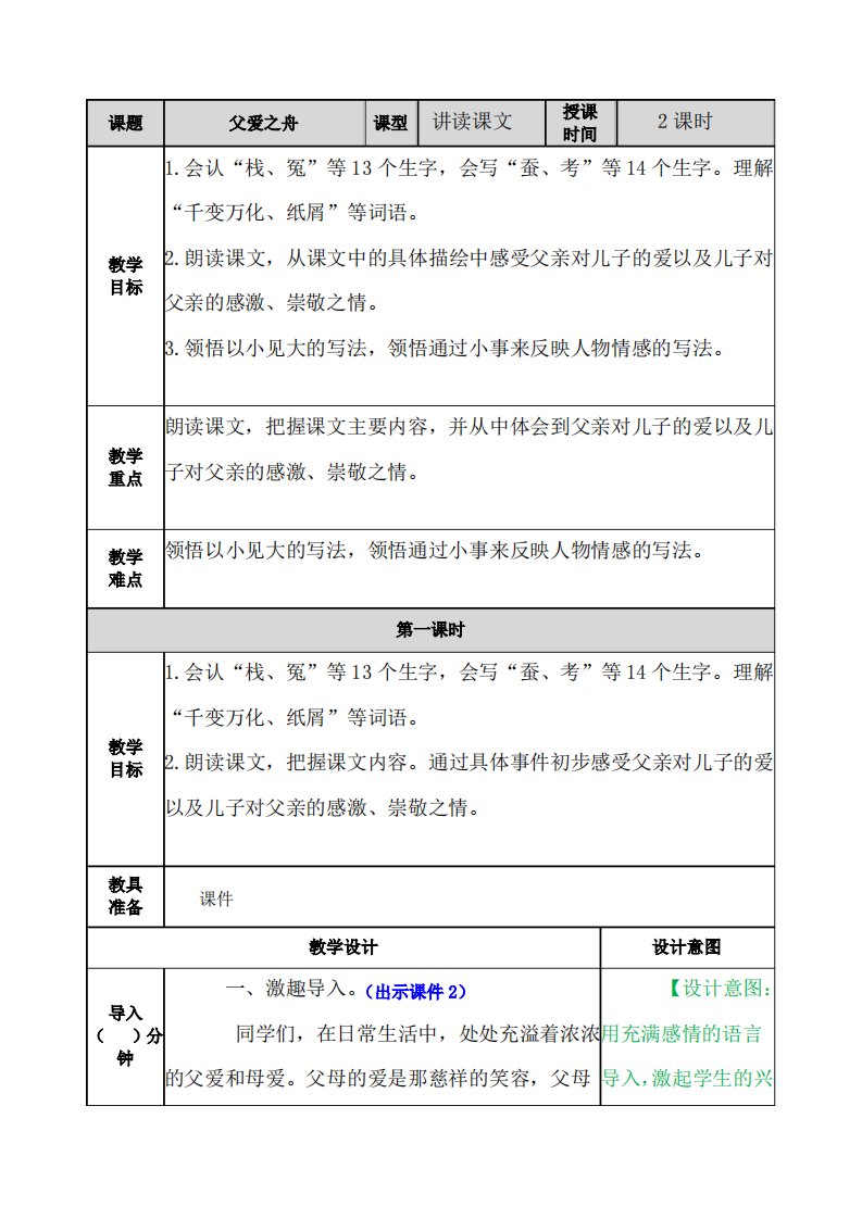 最新部编人教版小学语文五年级上册精品教案18父爱之舟