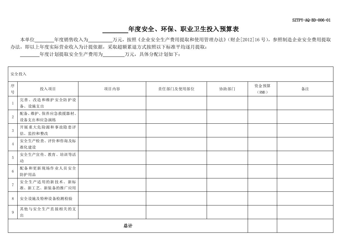 01安全、环保、职业卫生投入费用预算表