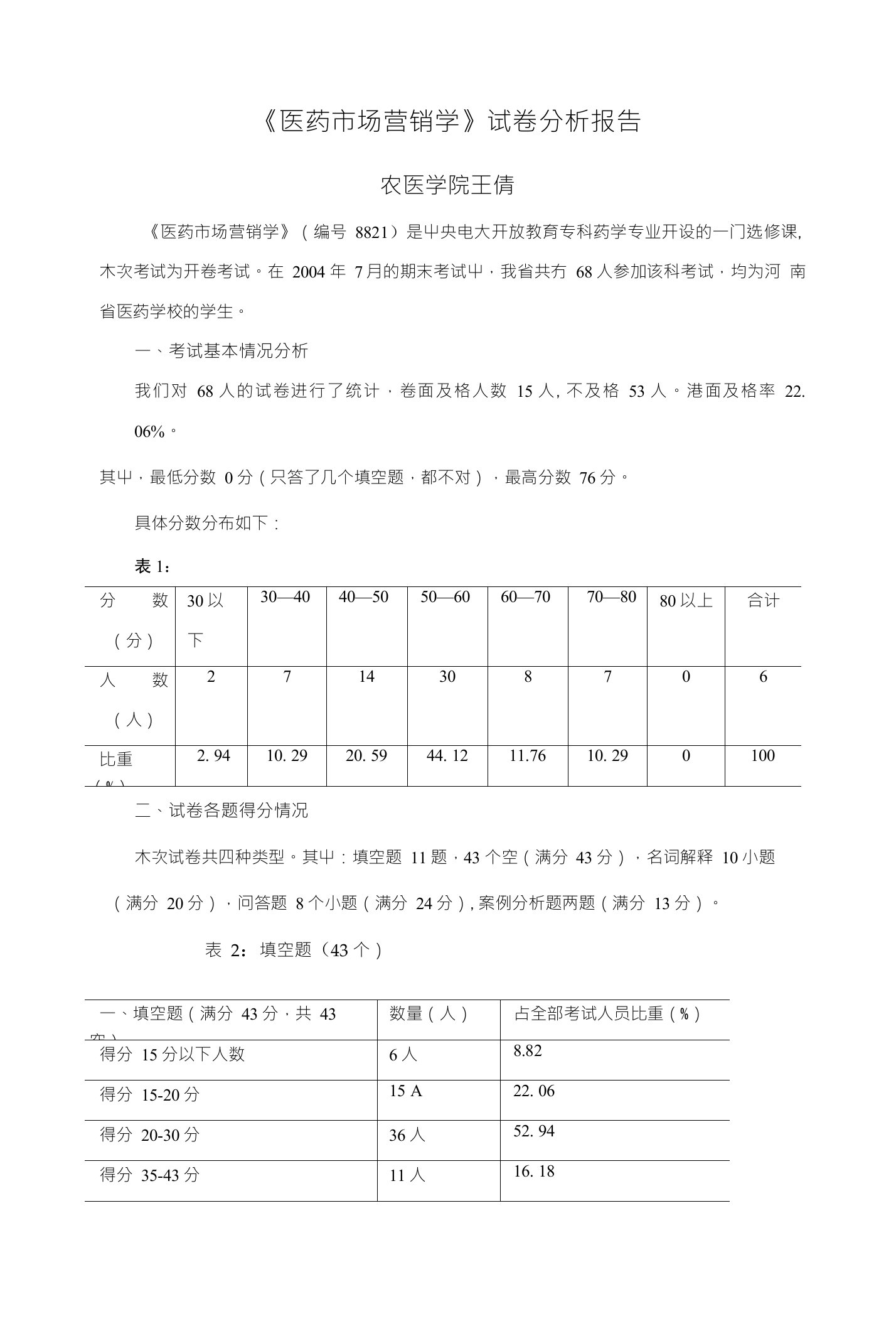 《市场营销学》试卷分析