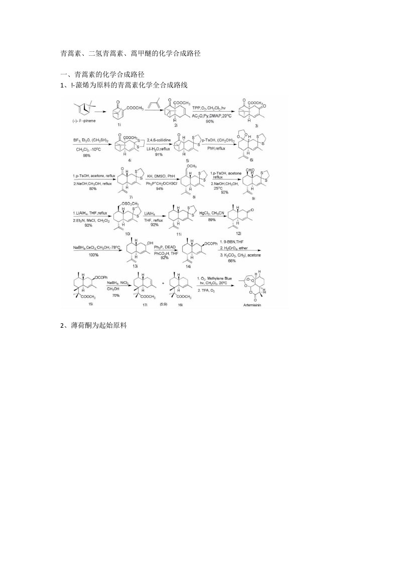 青蒿素、二氢青蒿素、蒿甲醚的化学合成路径.
