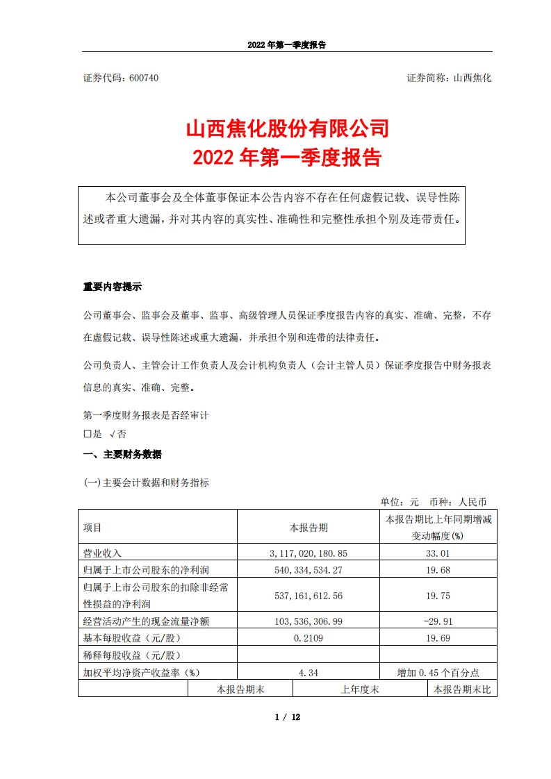 上交所-山西焦化股份有限公司2022年一季度报告-20220425