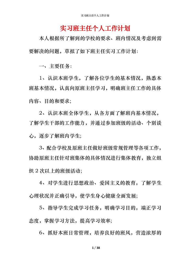 精编实习班主任个人工作计划