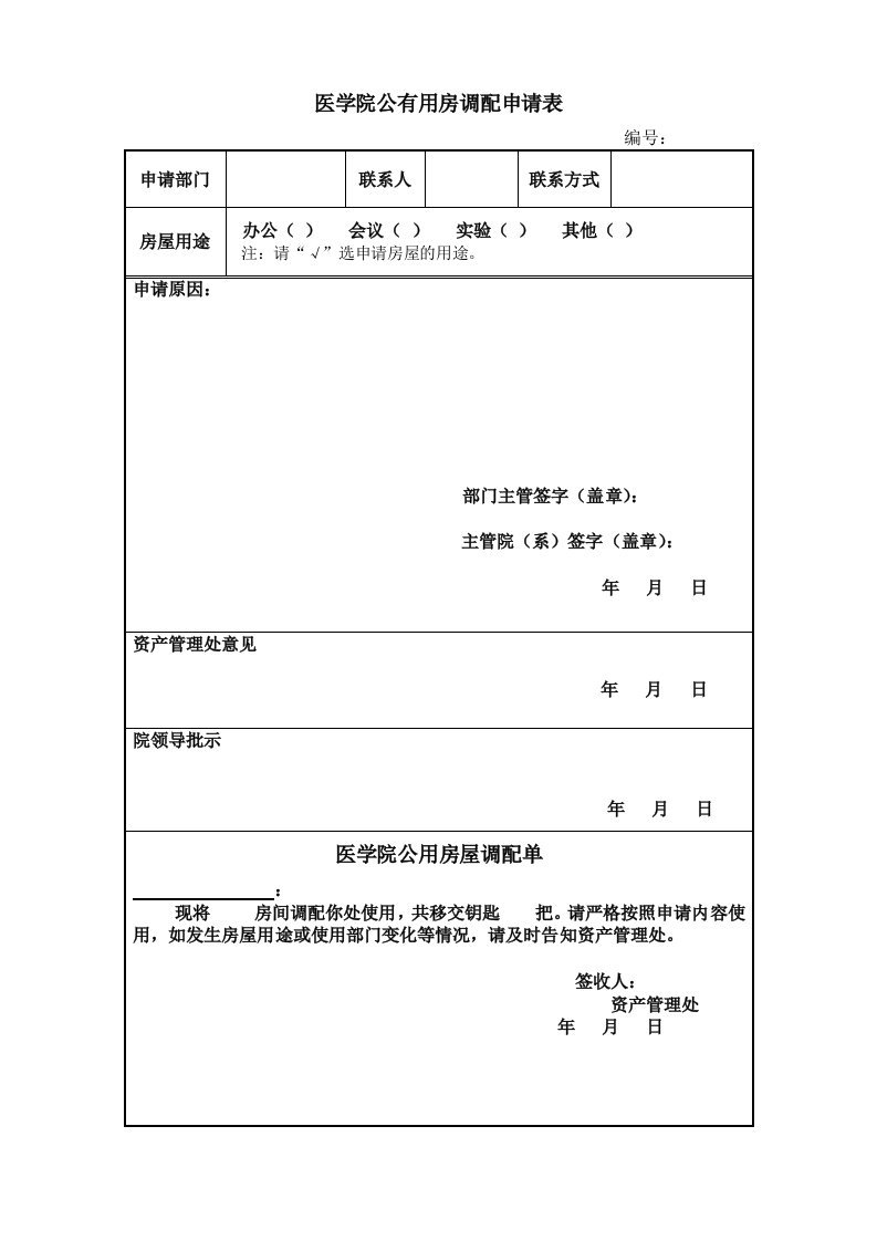 医学院公有用房调配申请表