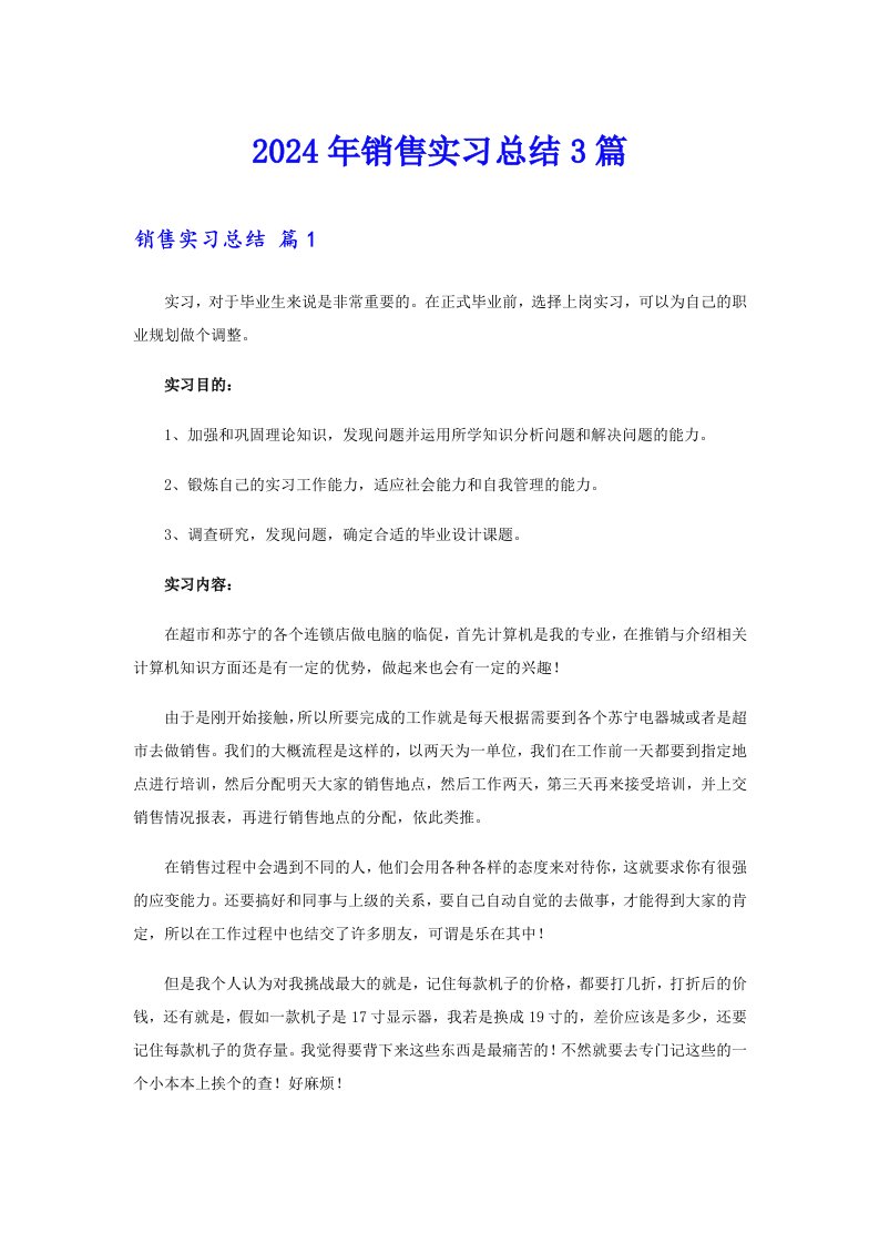 （word版）2024年销售实习总结3篇