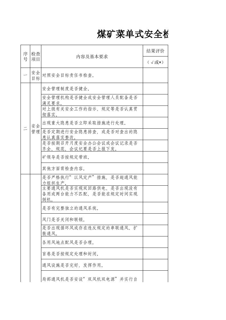 煤矿菜单式安全检查表表