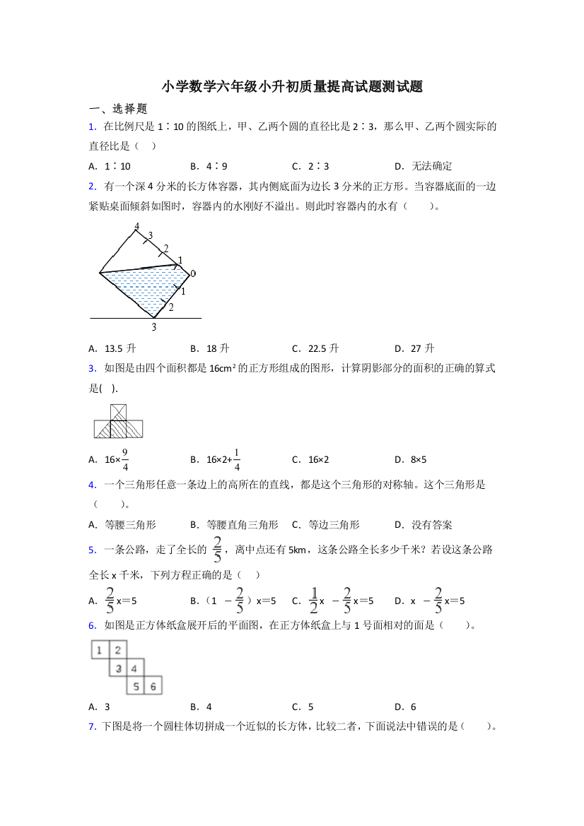 小学数学六年级小升初质量提高试题测试题