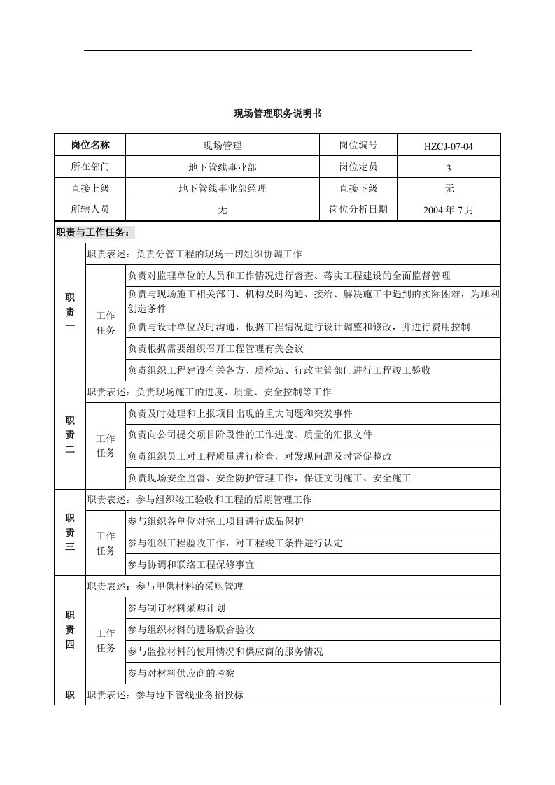 精选某建设发展公司地下管线事业部现场管理职务说明书