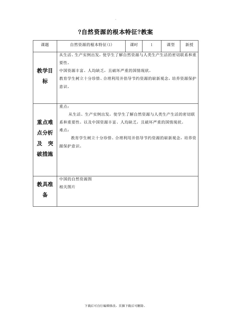 初中人教版地理八年级上册3.1《自然资源的基本特征》教案5