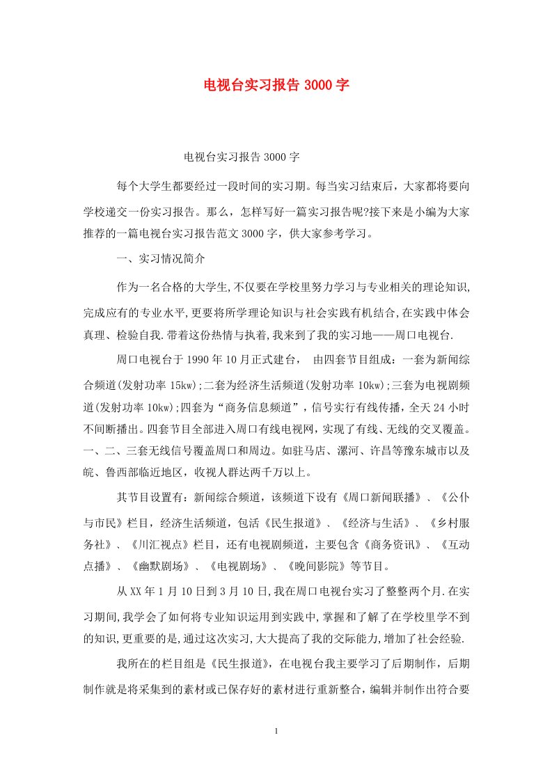 精选电视台实习报告3000字