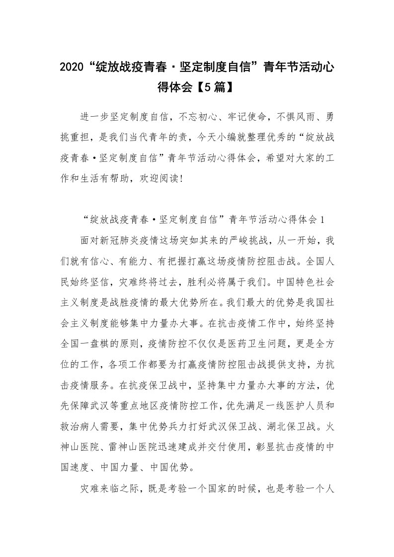 工作总结_2020“绽放战疫青春·坚定制度自信”青年节活动心得体会【5篇】